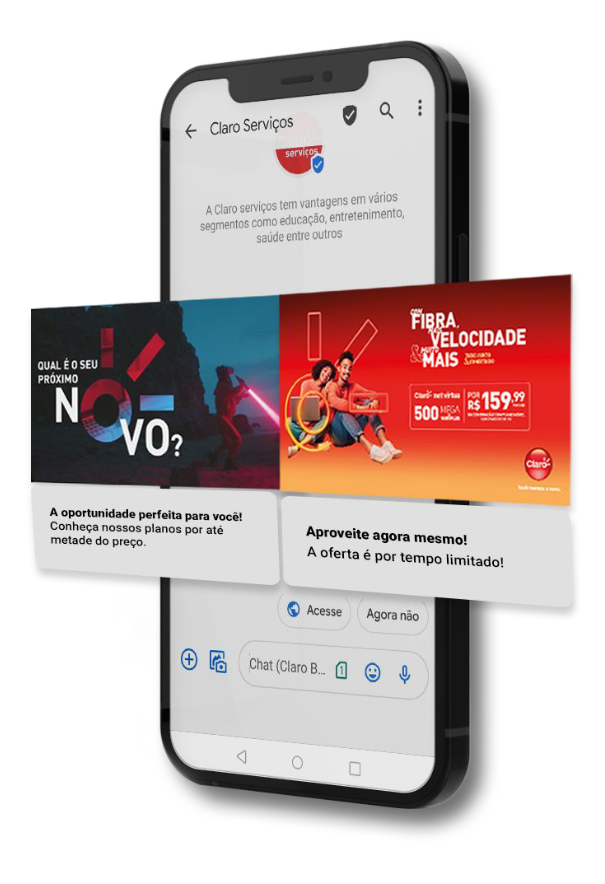 Conversa RCS da Claro no celular, com carrossel de ofertas e botões de ação