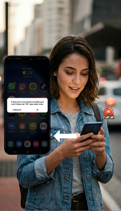 Pessoa na rua recebendo o Push Alert SBP no celular