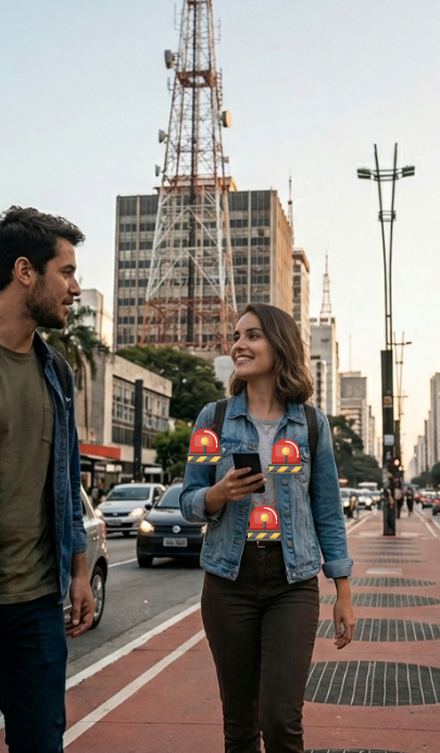 Pessoa na rua recebendo o Push Alert SBP no celular