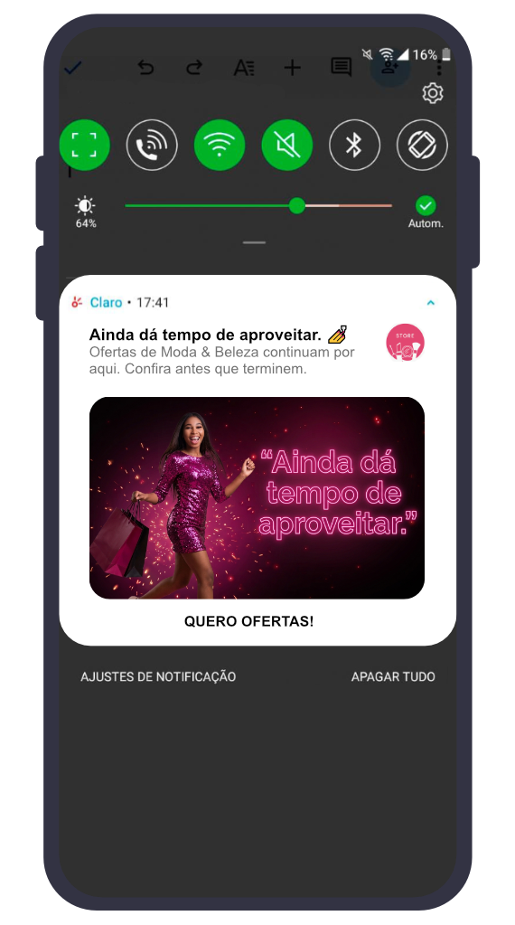 Notificação no celular lembrando que ainda dá tempo de aproveitar as promoções